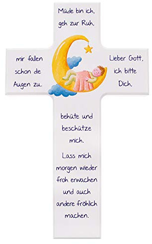 Fritz Cox Kinderkreuz aus Holz Kind im Mond | für Kinderzimmer und Patengeschenke | tolles Geschenk zur Taufe und zum Geburtstag | Müde bin ich, geh zur Ruh | 15cm weiß