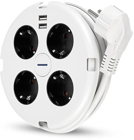 REV Steckdosenleiste PowerDisc -4-Fach, 2X USB & Schalter, 1,4m, weiß