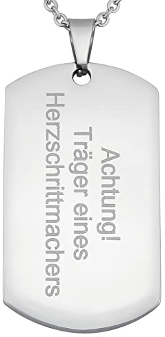 Hanessa Personalisierte Kette mit Gravur Edelstahl 50 cm mit Anhänger Dog Tag Herzschrittmacher in silber - Personalisierte Halskette für Männer und Frauen - Personalisierter Schmuck Damen Herren