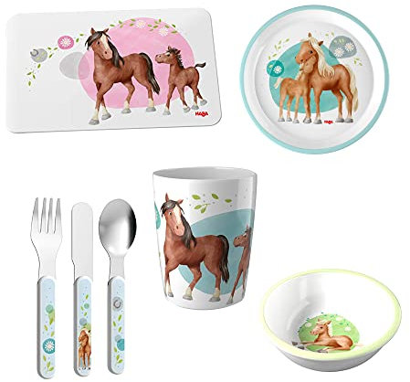 Geschenkset Pferde 5-teilig mit Becher Taufgeschenk Mädchen Melamingeschirr spülmaschinenfest