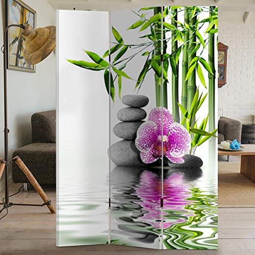 BAKAJI Paravento Separè 3 Pannelli Struttura in Legno Rivestimento in Tela con Stampa Fronte Retro Pietre Orchidea ZEN Divisorio Richiudibile Pieghevole Design Moderno (180 x 120 cm 3 Pannelli)