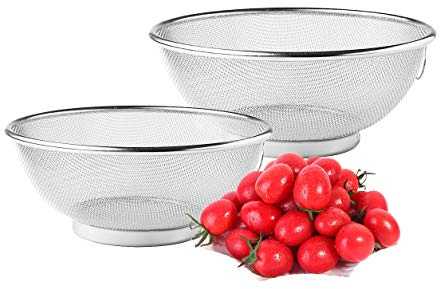 2 Pack Stainless Steel Mesh Colander Kitchen Fine Mesh Strainer Bowl Straining Screen Basket Drainer Rice Washing Bowl Colander Sieve Sifters for Rice, Pasta, Noodles, Vegetables, Fruits