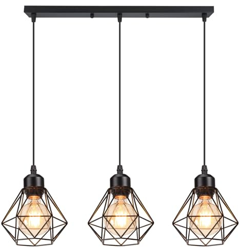 PETITES ECREVISSES Lampara Colgante E27 Vintage Industrial Lámpara de Techo Colgante Negro Retro 3 Luces Iluminación Para Cocina Comedor Sala de estar (16cm-con barra)