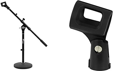 Tiger MCA42-BK Desktop Boom Microphone Stand - Weighted Round Base Black & Tiger MCA84-BK Universal Rubber Grip Microphone Clip