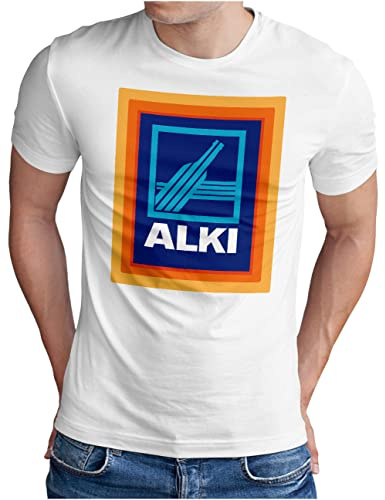 OM3® Alki T-Shirt - Herren - Parodie für Alkohol Liebhaber Saufparty Fun - Weiß, L