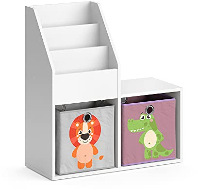 Vicco Kinderregal Luigi, Weiß, 30.9 x 79 cm Mini, mit 2 Faltboxen Opt.3, zur Aufbewahrung von Spielzeug und Büchern kombinierbar
