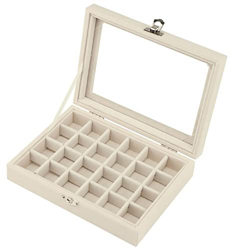 TSLBW Velvet Jewellery Box Organizer for Ring Earring Necklace Jewellery Display Storage Box Jewellery Display Case with Lid for Women Girls (24 Slot, Beige)