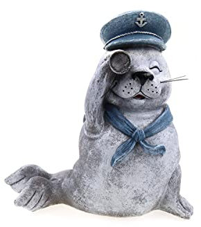 ELLUG Deko-Figur Maritime graue Robbe aus Kunststein mit Fernglas und Matrosenmütze, 25 * 14 * 25cm, Dekoration Geschenk Seehund Deko-Objekt