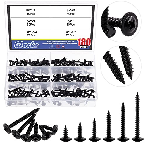 Glarks Lot de 180 vis à bois à tête bombée modifiée Phillips #8, assortiment de vis à bois 8 x 1/2, 5/8, 3/4, 2,5 cm, 1-1/4, 3-1/2 en acier au carbone plaqué zinc noir