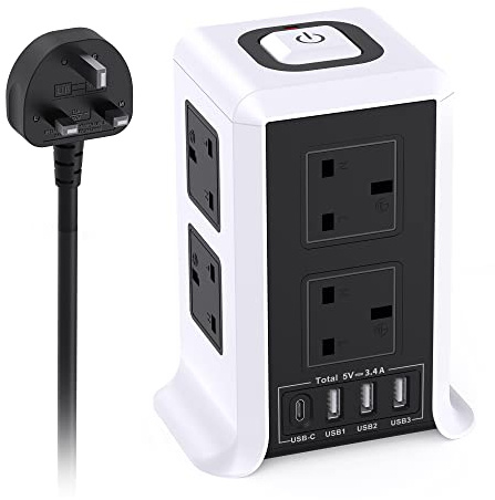 Tower Extension Lead with USB Slots, 5M Extension Lead with Switche, 3 USB-A & 1 Type-C Port and 8 Plug Extension for Home, Office, Kitchen