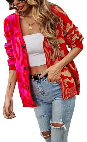 HEYPORK Damen Herbst Winter Warm Bequem Jacke Casual Mode übergangsjacke Mantel Frauen Leopardenmuster Pullover Strickpullover Strickjacke Mittellange Jacke