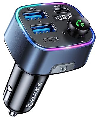 Syncwire Bluetooth 5.4 FM Transmitter Car Adapter 48W (PD 36W & 12W) [Light Switch] [HiFi Bass Sound] [Fast Charging] Wireless Radio Music Adapter LED Display Hands-Free Calling Support USB Drive