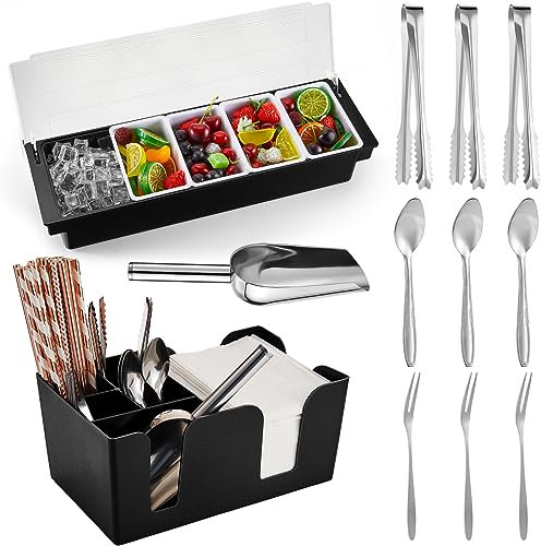 Tessco Garnish Tray with Lid Bar Caddy Ice Cooled Condiment Serving Container with Stainless Steel Ice Scoop 3 Metal Mini Serving Tongs 3 Fruit Fork 3 Spoons for Food Home Party Kitchen(5 Grids)