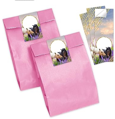 12 Geschenktüten (rosa) + 12 Aufkleber zwei Pferde Geschenktüten für Mitgebsel Gastgeschenk einpacken beim Kindergeburtstag Mädchengeburtstag