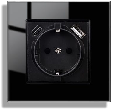 JIMEIDA Glas Steckdose mit USB Unterputz Schwarz,USB A und Typ C Port max.2.1A, 16Amp Gehärteter Glasscheibe Steckdose 86mm*86mm,1 Fach,250V