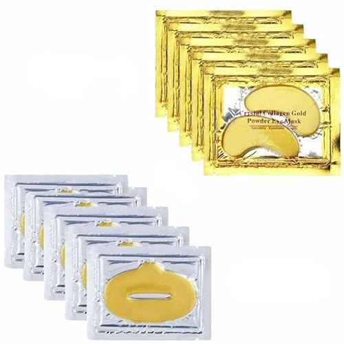 Tomsey Crystal Collagen 24k Gold Under Eye & Lip Gel Pads Face Mask Anti Aging Wrinkle Gel Under Eye and Lip Patches, Vegan Cruelty-Free Self Care (5 Lip Masks & 5 Pair Eye Masks)