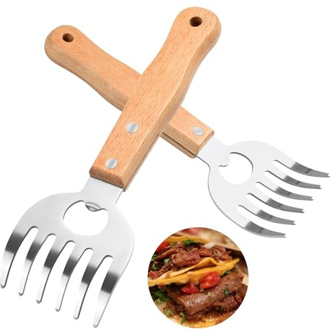 Stainless Steel Meat Shredder Claws with Long Wooden Handles for Pulled Pork, Turkey, Chicken - BBQ Tools for Shredding, Pulling, Handling, and Serving