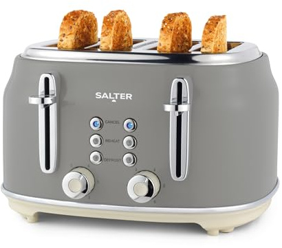 Salter EK5739GRY Retro 4-Slice Toaster – 6 Browning Levels, Wide Slots, Defrost, Reheat, Cancel Function, Removable Crumb Tray, Extra Thick Bread/Bagels, High-Lift Eject, Self-Centring, 1630W, Grey