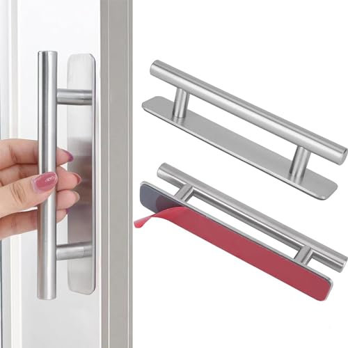 Genossen Selbstklebende Möbelgriffe, 2 Stück Türgriffe, Edelstahl Schrankgriffe, Schubladengriffe, Ohne Bohren Griffe für Kleiderschrank, Küche, Schiebetür, Balkontür, 148mm, Silber