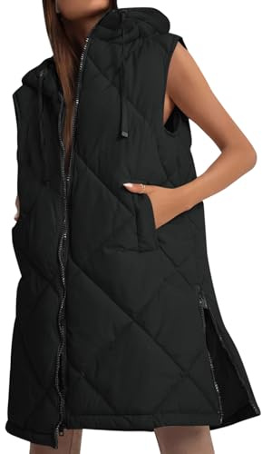 Imily Bela Gilet da donna trapuntato con cappuccio lungo senza maniche giacca gilet di transizione gilet lungo, Nero , S