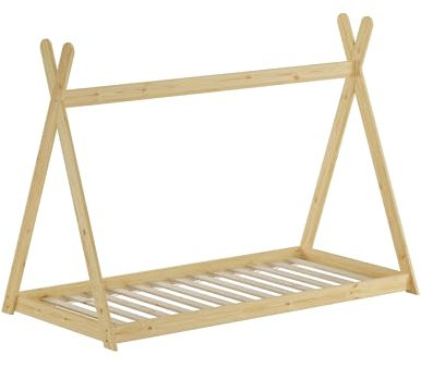 Erst-Holz®Niedriges Tipi-Kinderbett, Holzbett 90x200 Kiefer Natur lackiert, Zubehör wählbar V-60.27-09Rollrost inkl.