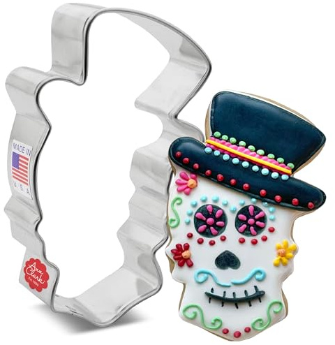 Ann Clark Sugar Skull with Top Hat Cookie Cutter, 9.8 cm Made in USA | Large 3.75, Halloween and Dia de los Muertos, Ann Clark Day of the Dead Sugar Skull w/ Top Hat Cookie Cutter, Made in USA