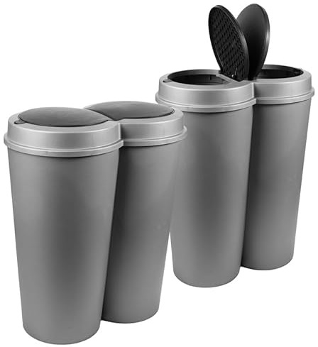 SUSTANIA Abfalleimer grau 2er 50 L mit schwarzem Schiebedeckel Ø 25cm x H 68cm – Mülleimer groß aus Kunststoff für die Küche&Büro – Müllbehälter geruchsdicht mit rundem Deckel – Made in Europe