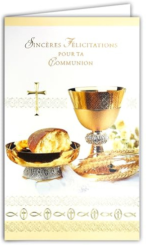 AFIE 19-650 - Tarjeta para dinero con sobre, felicitaciones sinceras por tu comunión eucarística, cruz cristiana, oro católico, oro brillante, pan de trigo, vino, pescado, cáliz, taza ciborium