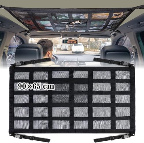 Dazhtu Red Almacenamiento Universal para Techo de Coche,90cmx65cm Organizador Bolsa de Red de Carga con Cremallera, para SUV, Jeep,Furgoneta. Grandes Accesorios para Viajes Largos por Carretera