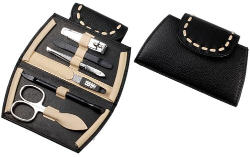 Sonnenschein by Hans Kniebes - Maniküre Set 6-teilig - Nagelschere, Feile, Pinzette, Hufstab, Reiniger, Knipser - Nagelpflegeset Manicure-Etui aus Rindleder schwarz/beige