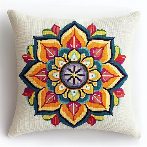 AMBATTERY Kit Cuscino Punto Croce Prestampato, fiore mandala Kit Per Ricamare Federa A Punto Croce 45X45cm Cuscino da Tiro Fai da Te Ricamato Kit per Ricamo Completi