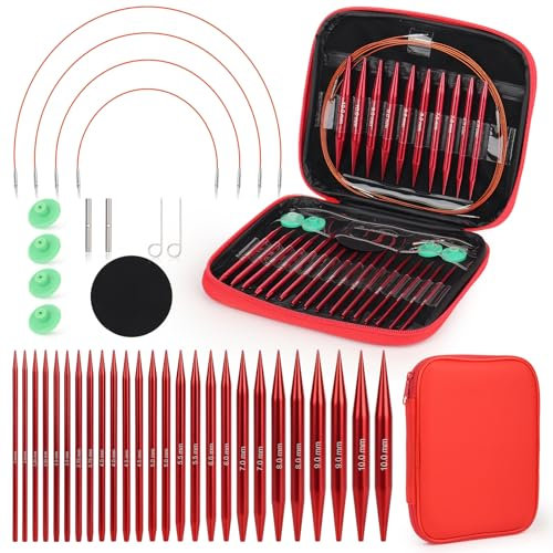 Coopay Auswechselbare Rundstricknadeln Set, 2,5-8,0 mm Stricknadeln Set Austauschbar, Stricknadeln Rundstricknadel mit Aufbewahrungstasche, 13 Paar Aluminium Austauschbare Rundstricknadeln, Rot