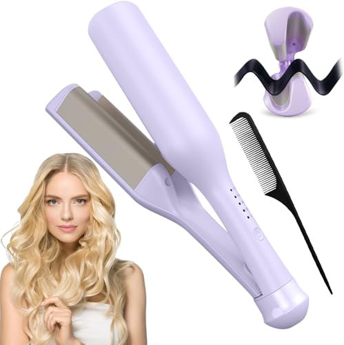 Gobesty 32mm Mermaid Hair Waver, French Egg Roll Curling Iron, V Shaped Wavers for Short/Long Hair, Curling Tongs 140°C and 220°C, Quick Heating (Purple)