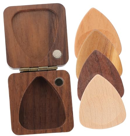 Holz Gitarrenplektren mit 4 Stück und Aufbewahrungsbox | Kaffeefarbene Ausführung, 1 Satz für Musiker, für Übung und Bühnenauftritte, Robust und Praktisch