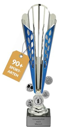 Pokal mit Gravur Wunschtext, Silber & blau, 32/33,5/35,5 cm | Personalisierte Auszeichnung für Fußball WM & Sport Events, inkl. Marmorsockel, Geschenk-Trophäe für Kinder