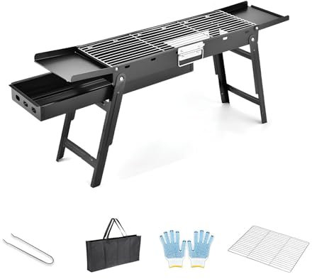 PQPQLI Barbecue A Carbonella Portatile, Barbecue Richiudibile Griglia BBQ Carbonella per 3-7 Persone, Vassoio Portacarbone con Cassetto, Barbecue Grill Esterno con 2 Tavolini Laterali Pieghevoli