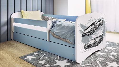 WFL GROUP Kinderbett Blau 70x140 80x160 80x180 cm – mit Matratze, Rausfallschutz und Schublade – Jugendbett für Jungen – Stabil und Sicher – Auto – 160x80 cm