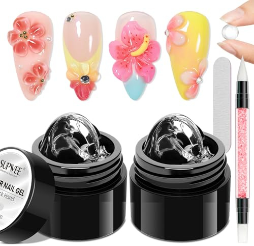 SUPWEE 3D Gel Nail Art, 2 Stück Antihaft Hard Klar Solid Builder Gel | Sculpting Gels Schnitzmuster 3D Skulptur Gel mit Doppelte Formen und Silikonstift Maniküre für zu Hause 5g