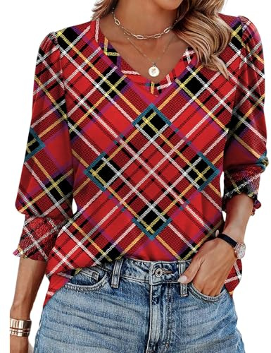 XIEERDUO Tops for Women 3/4 Length Sleeve Ladies Blouses V Neck T Shirts Puff Sleeve Tunic Curved Hem Office Wear Size 10-12 Red Checks