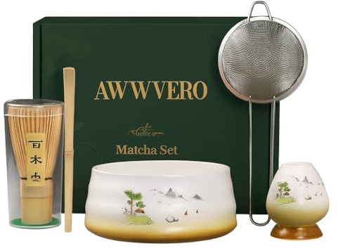 AWWVERO Matcha Set, Complete Matcha Kit with Bamboo Whisk, Ceramic Bowl, Spoon and Stand, Japanese Tea Ceremony Set for Cafe‑Style Matcha, Gift Ready (5, Distant Mountain)