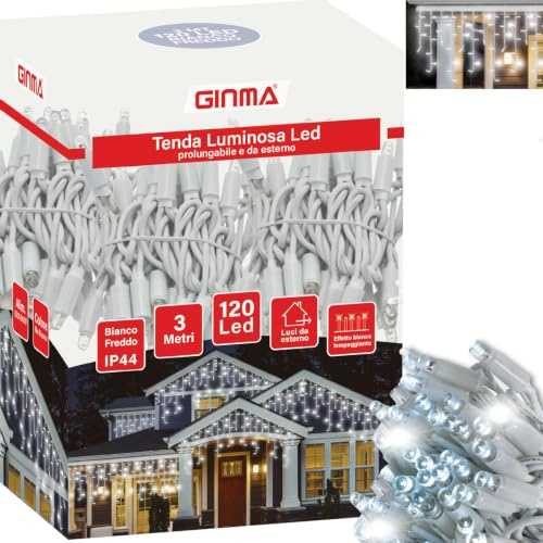 GINMA Tenda Luminosa LED Effetto Pioggia - Luci di Natale Esterno Professionali - Certificata IP44 - Basso Consumo e Impermeabili - Prolungabile (Bianco Freddo, 3 metri (120 LED))