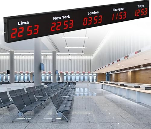 Orologio mondiale digitale a LED, orologio mondiale da parete con 3/4/5 fusi orari, città modificabile, struttura interamente in alluminio, per multinazionali/hotel/aziende/aeroporti, rosso, 5 città