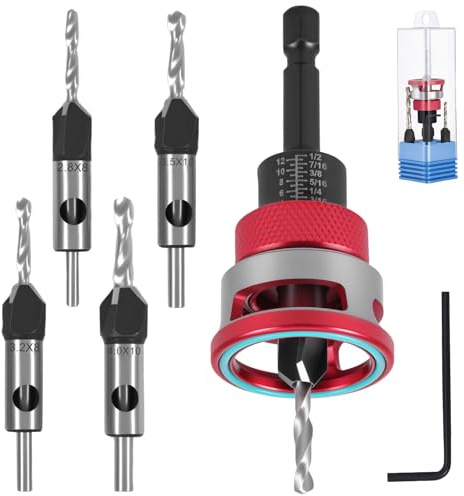 6 Pcs Countersink Drill Bit Set with Depth Stop HSS Drill Countersink with 1/4 Inch Hex Precision Drilling Tool for Wood Processing(Red)