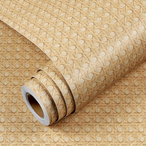 YENHOME Papier Peint Autocollant Mural Salon Bois Rotin Brun 60x300cm Rouleau Papier Adhesif Decoratif Meuble Salon Chambre Imitation Rotin Tressé Vinyle Adhesif pour Armoire Porte Placard Amovible