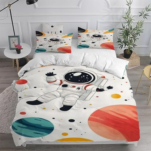 Juego de Ropa de Cama Astronauta en el Espacio 3 Piezas Niño Funda Nórdica para Cama de 90 cm Infantil Suave Microfibra Funda de Edredón 135x200 cm y 2 Fundas de Almohada 50 x 75 cm c.691