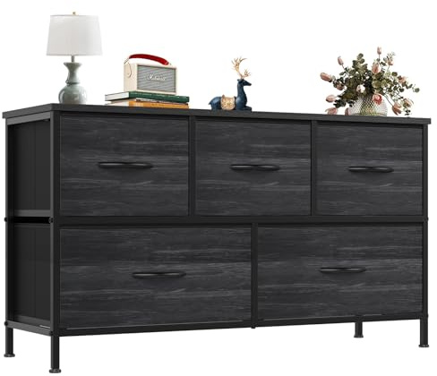OLIXIS Dresser for Bedroom with 5 Drawers, Wide Chest of Drawers, Fabric Bedroom Dresser with Drawer Organizer, Storage Organizer Unit with Fabric Bins for Closet, Living Room, Hallway, Black Wood