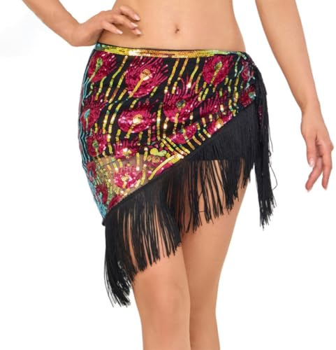 SITAKEGS Falda de Lentejuelas para Danza, Oriental con Flecos de Chiffón Vestuario del Vientre para Mujeres y Niñas, Pañuelo de Cadera Brillante en Forma de Ola para Festivales, Club, Playa