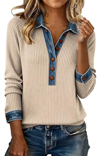 Sweat-shirt à manches longues pour femmes avec col polo, décontracté pour le travail, col henley, hauts à col montant, à blocs de couleurs, à boutons, patchwork en denim, pullover, pour l'automne