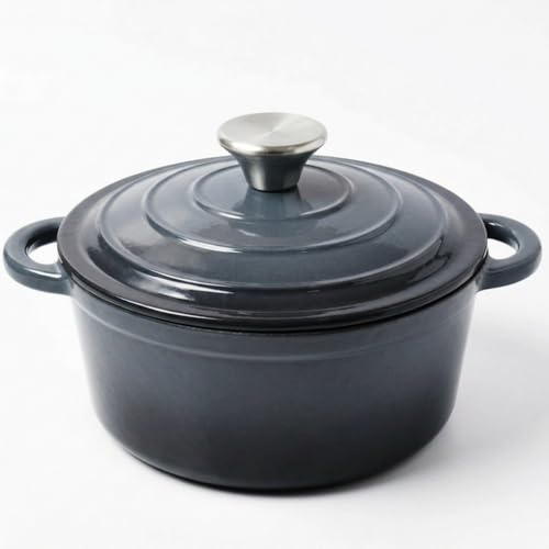 Cacerola de hierro fundido de 2 L/20 cm de diámetro, con tapa, apta para inducción, apta para horno hasta 260 °C, apta para lavavajillas, ideal para guisos/tostados (gris)