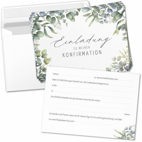 40 Einladungskarten Einladung Konfirmation mit Umschlag zum selber ausfüllen - Kirche Konfi Einladungen Postkarten Umschläge Modern Eukalyptus Edel